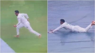 Shakib Al Hasan skidding through the wet covers. (Twitter)