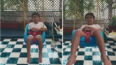 Taimur Ali Khan enjoying his time on a swing. Taimur Ali Khan enjoying his time on a swing. 