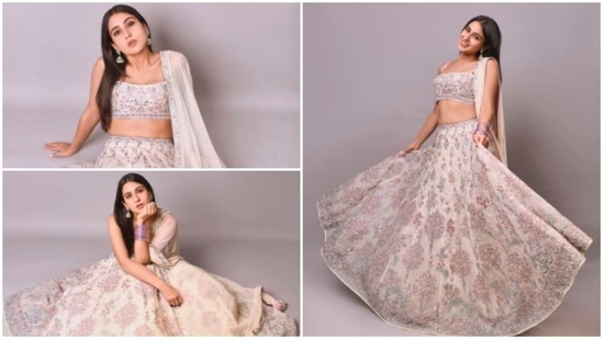 From Shararas to lehengas, Sara Ali Khan loves wearing Indian attires. The actor is often spotted in salwar suits and sharara sets. Recently, the Kedarnath actor made heads turn in a pastel organza silk floral lehenga.(Instagram/@saraalikhan95)