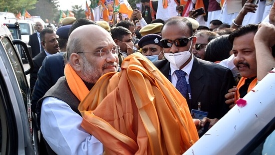 Union home affairs minister Amit Shah arrives at the airport in Jaipur on Sunday.&nbsp;(HT photo)