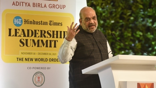 Union home minister Amit Shah delivers the keynote address at the Hindustan Times Leadership Summit, in New Delhi on Saturday.