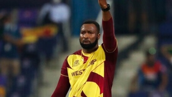 West Indies' captain Kieron Pollard gestures during the Cricket Twenty20 World Cup match between Sri Lanka and West Indies in Abu Dhabi, UAE.(AP)