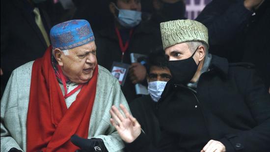 National Conference president Farooq Abdullah with Omar Abdullah and other senior party leaders at a function after paying tribute to party founder Sheikh Muhammad Abdullah on his 116th birth anniversary, in Srinagar on Sunday. (PTI) National Conference president Farooq Abdullah with Omar Abdullah and other senior party leaders at a function after paying tribute to party founder Sheikh Muhammad Abdullah on his 116th birth anniversary, in Srinagar on Sunday. (PTI)