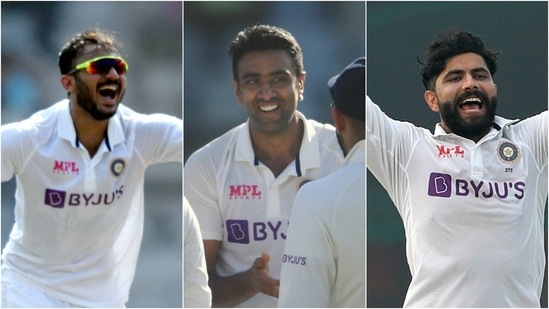 Axar Patel (L), Ravichandran Ashwin (C) and Ravindra Jadeja.(PTI)