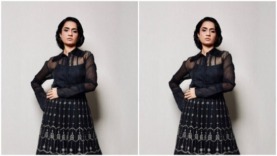 Amruta paired a translucent black shirt with a black skirt, embroidered in white motifs.(Instagram/@amrutasubhash)