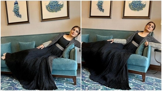 Raveena Tandon's pictures are a treat for sore eyes. The actor keeps sharing snippets from her fashion photoshoots on her Instagram profile. On Saturday, Raveena made our weekend better with a slew of pictures of herself donning a black gown and posing on a couch of sorts.(Instagram/@officialraveenatandon)