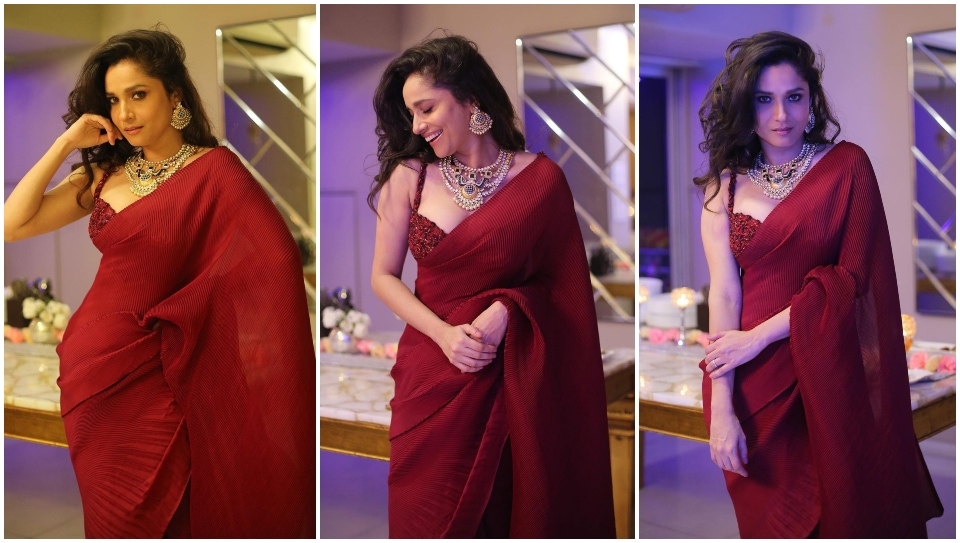 Ankita Lokhande in a wide-red saree.&nbsp;