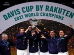 The Russian Tennis Federation team celebrate with the trophy after winning the Davis Cup tennis final at the Madrid Arena in Madrid, Spain, Sunday, Dec. 5, 2021(AP) The Russian Tennis Federation team celebrate with the trophy after winning the Davis Cup tennis final at the Madrid Arena in Madrid, Spain, Sunday, Dec. 5, 2021(AP)