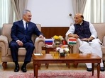 Russian Defence Minister Sergey Shoygu meets Defence Minister Rajnath Singh, at Sushma Swaraj Bhawan, in New Delhi on Monday. Russian Defence Minister Sergey Shoygu meets Defence Minister Rajnath Singh, at Sushma Swaraj Bhawan, in New Delhi on Monday.
