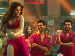 Nushrratt Bharuccha, Kartik Aaryan and Sunny Singh in a still from the music video of Chhote Chhote Peg.