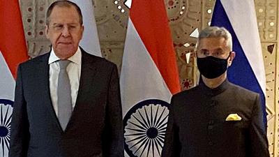Russian foreign minister Sergey Lavrov (left) with India’s external affairs minister S Jaishankar in New Delhi on Monday. (ANI)