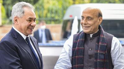 Defence minister Rajnath Singh (right) meets Russian defence minister Sergey Shoigu at Sushma Swaraj Bhawan in New Delhi on Monday. (PTI)