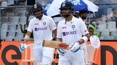 Virat Kohli and Shubman Gill walk out to play on Day 3 of the 2nd Test between India and New Zealand, at Wankhede Stadium, in Mumbai. (ANI) Virat Kohli and Shubman Gill walk out to play on Day 3 of the 2nd Test between India and New Zealand, at Wankhede Stadium, in Mumbai. (ANI)