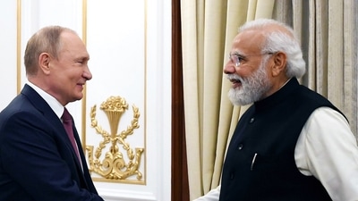Prime Minister Narendra Modi greets Russian President Vladimir Putin at the 21st annual India-Russia summit, Hyderabad House, in New Delhi. (ANI ) Prime Minister Narendra Modi greets Russian President Vladimir Putin at the 21st annual India-Russia summit, Hyderabad House, in New Delhi. (ANI )