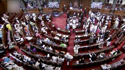 Opposition members protest in the Rajya Sabha during the winter session of Parliament, on Monday. (ANI) Opposition members protest in the Rajya Sabha during the winter session of Parliament, on Monday. (ANI)