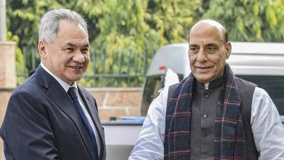 Defence minister Rajnath Singh shakes hands with Russian defence minister Sergey Shoigu at Sushma Swaraj Bhawan in New Delhi on Monday. (PTI) Defence minister Rajnath Singh shakes hands with Russian defence minister Sergey Shoigu at Sushma Swaraj Bhawan in New Delhi on Monday. (PTI)