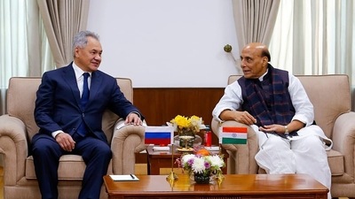 Russian Defence Minister Sergey Shoygu meets Defence Minister Rajnath Singh, at Sushma Swaraj Bhawan, in New Delhi on Monday. (ANI)