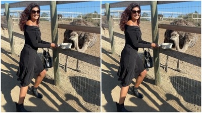 On Monday, Pooja made a trip to Ostrich land in USA and fed ostriches for the first time. (Instagram/@poojabatra)