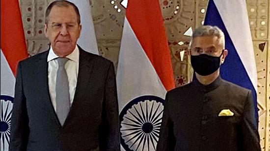 Russian foreign minister Sergey Lavrov (left) with India’s external affairs minister S Jaishankar in New Delhi on Monday. (ANI) Russian foreign minister Sergey Lavrov (left) with India’s external affairs minister S Jaishankar in New Delhi on Monday. (ANI)