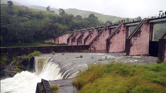 Two shutters of Mullaperiyar dam opened following a rise in its water level, in Idukki on October 29. (ANI)
