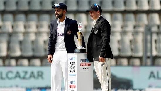 Indian skipper Virat Kohli with New Zealand's skipper Tom Latham at the toss during the first day of the 2nd Test match between India and New Zealand, at Wankhede Stadium, in Mumbai on Friday.&nbsp;(ANI)