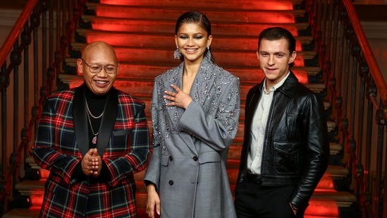 Jacob Batalon, Zendaya and Tom Holland pose for photographers at the photocall for the film Spider-Man: No Way Home in London Sunday. (Photo by Joel C Ryan/Invision/AP)(Joel C Ryan/Invision/AP)