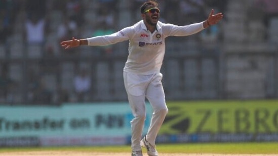 Axar Patel celebrates after the dismissal of Daryl Mitchell during Day 2 of the second Test(AP) Axar Patel celebrates after the dismissal of Daryl Mitchell during Day 2 of the second Test(AP)