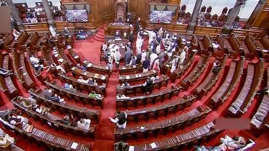 Opposition leaders stage a protest in Rajya Sabha during the Winter Session of Parliament on Monday.(PTI) Opposition leaders stage a protest in Rajya Sabha during the Winter Session of Parliament on Monday.(PTI)