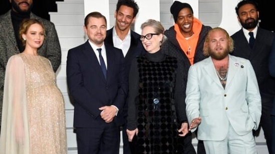 Tyler Perry, from top left, Tomer Sisley, Kid Cudi, Himesh Patel, Jennifer Lawrence, from bottom left, Leonardo DiCaprio, Meryl Streep, and Jonah Hill attend the world premiere of Don't Look Up at Jazz at Lincoln Center in New York.(Invision) Tyler Perry, from top left, Tomer Sisley, Kid Cudi, Himesh Patel, Jennifer Lawrence, from bottom left, Leonardo DiCaprio, Meryl Streep, and Jonah Hill attend the world premiere of Don't Look Up at Jazz at Lincoln Center in New York.(Invision)