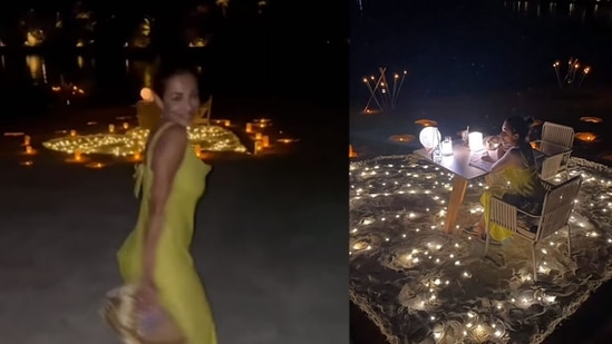 Malaika Arora dining on the beach. 