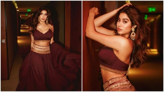 Janhvi Kapoor stuns in a maroon lehenga embellished with pastel coloured embroidery,(Instagram/@janhvikapoor)