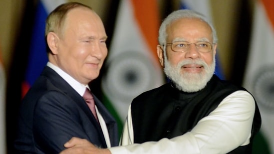 Prime Minister Narendra Modi greets Russian President Vladimir Putin before a meeting at Hyderabad House, in New Delhi on Monday. (ANI Photo) Prime Minister Narendra Modi greets Russian President Vladimir Putin before a meeting at Hyderabad House, in New Delhi on Monday. (ANI Photo)