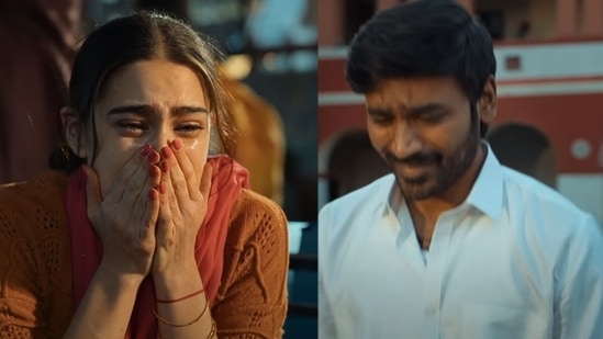 Sara Ali Khan and Dhanush in stills from Atrangi Re song Rait Zara Si.&nbsp;