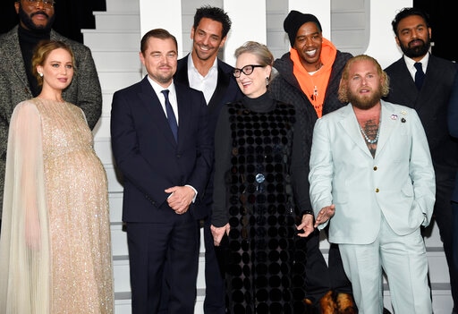 Tyler Perry, from top left, Tomer Sisley, Kid Cudi, Himesh Patel, Jennifer Lawrence, from bottom left, Leonardo DiCaprio, Meryl Streep, and Jonah Hill attend the world premiere of Don't Look Up at Jazz at Lincoln Center in New York. (Invision) Tyler Perry, from top left, Tomer Sisley, Kid Cudi, Himesh Patel, Jennifer Lawrence, from bottom left, Leonardo DiCaprio, Meryl Streep, and Jonah Hill attend the world premiere of Don't Look Up at Jazz at Lincoln Center in New York. (Invision)