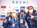 Lucas Populin flanked by coaches Cynthea Huasman (left) and Shiva Keshavan.(Lucas Populin/ Facebook ) Lucas Populin flanked by coaches Cynthea Huasman (left) and Shiva Keshavan.(Lucas Populin/ Facebook )