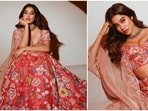 Janhvi Kapoor's traditional wardrobe collection is something all ethnic lovers want. From lehengas to chikankari salwar suits, the Dhadak actor aces every outfit that she dons. Recently, she treated her Instagram family with stills of herself in a peach floral embroidered lehenga set by designer Rahul Mishra.(Instagram/@janhvikapoor)