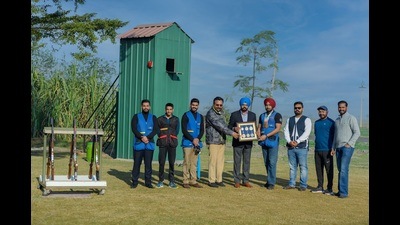 Rajveer Singh from Kotli village of Dakha constituency in Ludhiana being honoured by MLA Manpreet Singh Ayali for winning three gold medals in the National Shooting Championship. (HT Photo) Rajveer Singh from Kotli village of Dakha constituency in Ludhiana being honoured by MLA Manpreet Singh Ayali for winning three gold medals in the National Shooting Championship. (HT Photo)