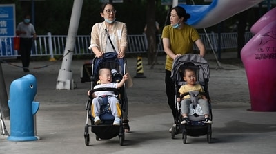 Two women push children in prams outside a zoo in Beijing (AFP) Two women push children in prams outside a zoo in Beijing (AFP)