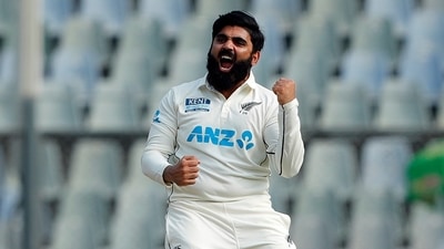 New Zealand's Ajaz Patel celebrates the dismissal of India's Mohammed Siraj on the second day of the 2nd Test match between India and New Zealand, at Wankhede Stadium, in Mumbai on Saturday. This was his 10th wicket of the innings. (ANI )