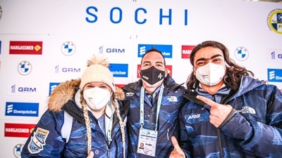 Lucas Populin flanked by coaches Cynthea Huasman (left) and Shiva Keshavan. (Lucas Populin/ Facebook ) Lucas Populin flanked by coaches Cynthea Huasman (left) and Shiva Keshavan. (Lucas Populin/ Facebook )
