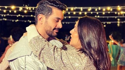 Neha Dhupia captioned the post, "shiny happy people … photo dump of sleep deprived new parents heading out to party like it’s the nineties… things we have forgotten 1. How to party 2. How to party 3. How to party." 