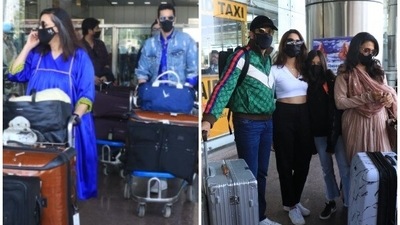 Neha Dhupia, Angad Bedi, Mini Mathur and Kabir Khan spotted outside Jaipur airport. (Varinder Chawla) Neha Dhupia, Angad Bedi, Mini Mathur and Kabir Khan spotted outside Jaipur airport. (Varinder Chawla)
