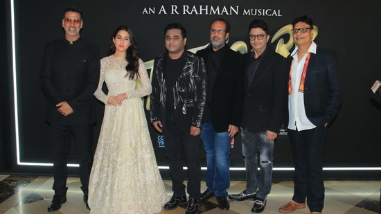 On Monday, actors Sara Ali Khan, Akshay Kumar, along with director Aanand L Rai, composer AR Rahman, lyricist Irshad Kamil, scriptwriter Himanshu Sharma attended the music launch of Atrangi Re. (Varinder Chawla)