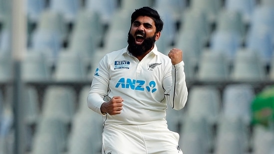 New Zealand's Ajaz Patel celebrates the dismissal of India's Mohammed Siraj on the second day of the 2nd Test match between India and New Zealand, at Wankhede Stadium, in Mumbai on Saturday. This was his 10th wicket of the innings.(ANI ) New Zealand's Ajaz Patel celebrates the dismissal of India's Mohammed Siraj on the second day of the 2nd Test match between India and New Zealand, at Wankhede Stadium, in Mumbai on Saturday. This was his 10th wicket of the innings.(ANI )