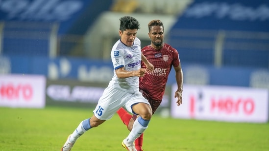 Goa: Anirudh Thapa of Chennaiyin FC scores a goal during match 20 of season 8 of Indian Super League played between Northeast United FC and Chennaiyin FC, at Fatorda Stadium in Goa, Monday, Nov. 29, 2021. (PTI Photo)(PTI11_29_2021_000366B)(PTI)