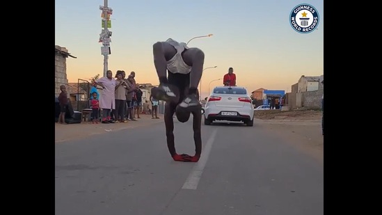 South African gymnast Zama Mofokeng while he was achieving the Guinness Record.&nbsp;(instagram/@guinnessworldrecords)