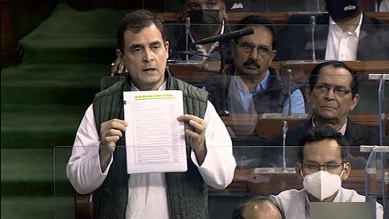 Congress MP Rahul Gandhi speaks in the Lok Sabha during the Winter Session of Parliament on Tuesday. (ANI)