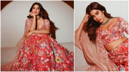 Janhvi Kapoor's traditional wardrobe collection is something all ethnic lovers want. From lehengas to chikankari salwar suits, the Dhadak actor aces every outfit that she dons. Recently, she treated her Instagram family with stills of herself in a peach floral embroidered lehenga set by designer Rahul Mishra.(Instagram/@janhvikapoor)