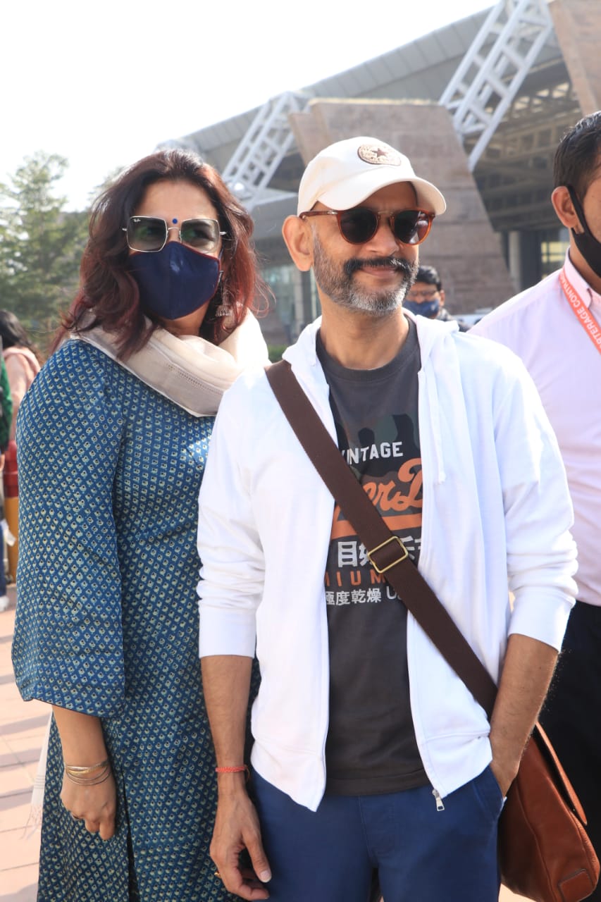Vijay Krishna Acharya and his wife Anusheh Khan outisde Jaipur airport. (Varinder Chawla)