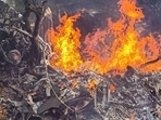 Wreckage of the crashed IAF Mi-17V5 helicopter, in Coonoor, Tamil Nadu, on Wednesday. (PTI)